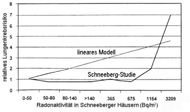 Bild 4: Lungenkrebshäufigkeit unter nichtrauchenden Frauen in verschieden
stark radonbelasteten Häusergruppen in Schneeberg im Erzgebirge im
Vergleich zu den am geringsten belasteten Häusern, nach einer von
der EG finanzierten Studie.